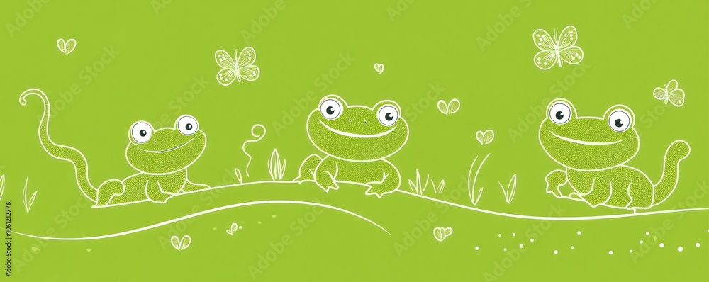 Obraz premium A playful illustration of three smiling frogs on a vibrant green background with butterflies.