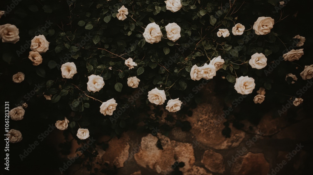 Enchanted Garden of Delicate White Roses Blooming in the Moonlight Enchanted Garden of Delicate White Roses Blooming in the Moonlight