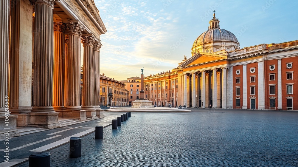 Naklejka premium Historic European city square with stone buildings, cobblestone streets, and a central fountain, soft golden hour lighting