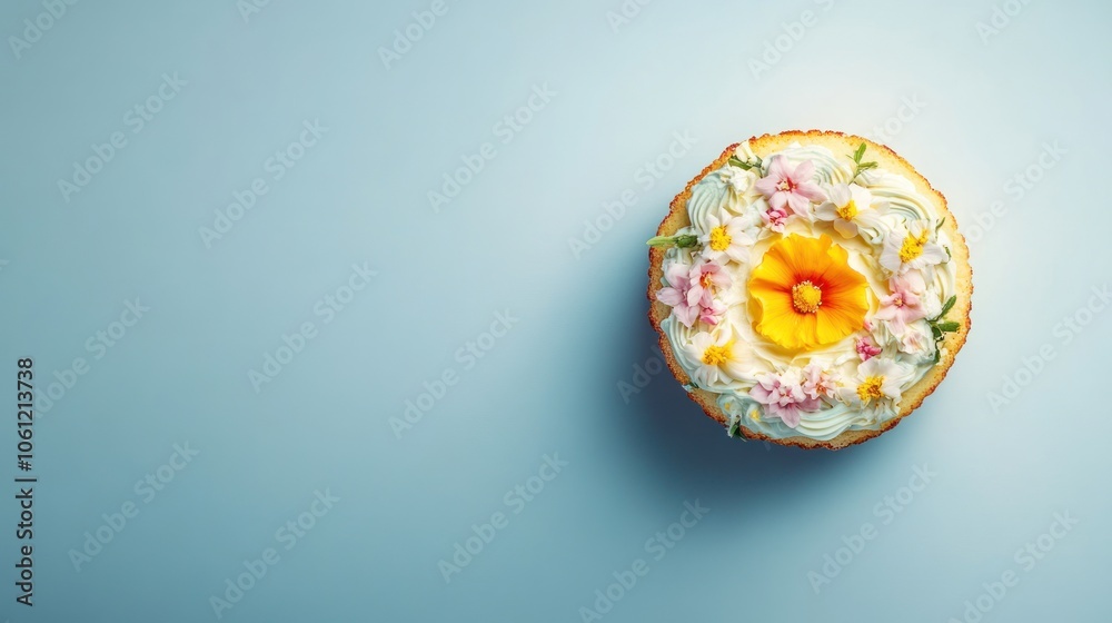 A beautifully decorated cake topped with flowers and a vibrant centerpiece. A beautifully decorated cake topped with flowers and a vibrant centerpiece.