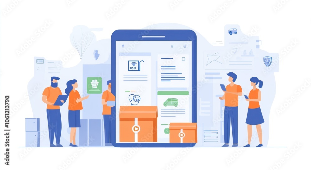 Illustration of a mobile app interface with people interacting and discussing technology. Illustration of a mobile app interface with people interacting and discussing technology.