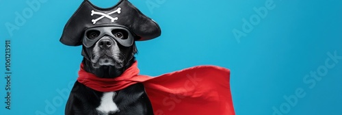 A dog dressed as a pirate with a cape and hat, set against a bright blue background.