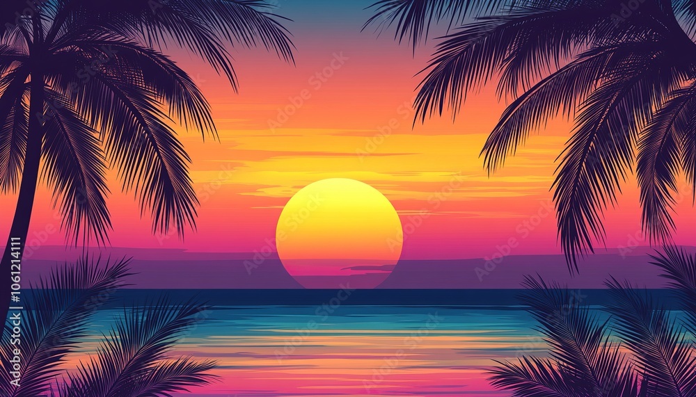 A vibrant tropical sunset scene with silhouetted palm trees and warm, glowing colors