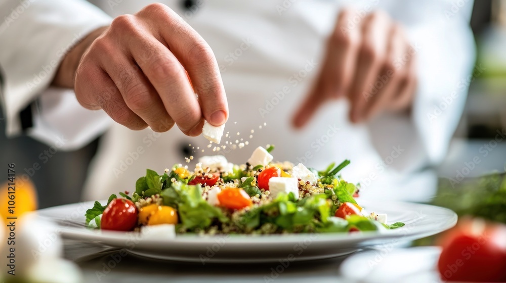 A chef garnishing a fresh salad with herbs and cheese in a bright kitchen setting. A chef garnishing a fresh salad with herbs and cheese in a bright kitchen setting.