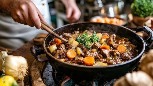 A person stirring a hearty stew with vegetables in a rustic kitchen setting.