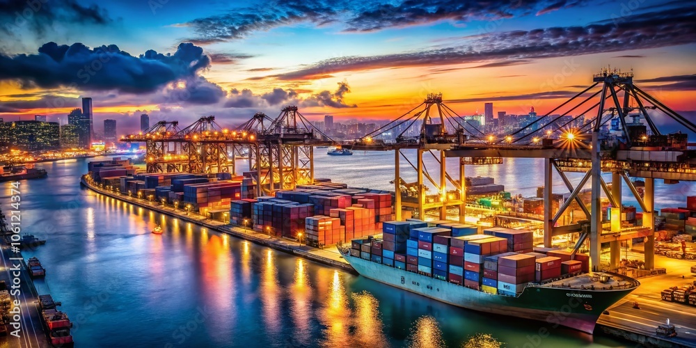 Fototapeta premium Long Exposure of Cargo Port Logistics with Container Ships Symbolizing Maritime Transport Efficiency and Engineering Innovation in the Shipping Industry