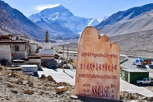 Mount Everest Height Measurement Monument near Rongbuk Monastery with a breathtaking view of Mount Everest, Tibet, showcasing the majestic Himalayan landscape and cultural heritage