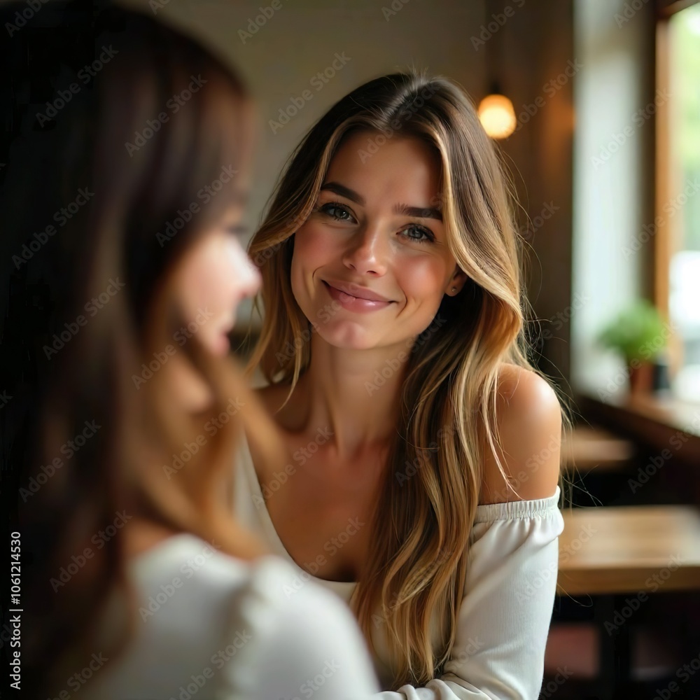 A young woman with long, wavy brown hair is taking a selfie with a mirror in a bright cafe. A young woman with long, wavy brown hair is taking a selfie with a mirror in a bright cafe.
