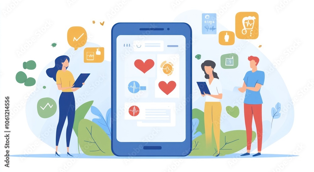 Illustration of people interacting with a smartphone displaying health-related features. Illustration of people interacting with a smartphone displaying health-related features.
