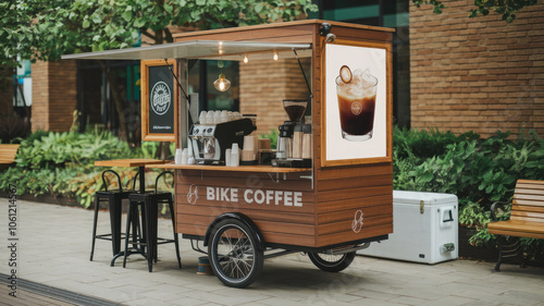 A bike coffee cart with a wooden frame and a white sign that says bike coffee. The cart is parked on a sidewalk next to a bench photo