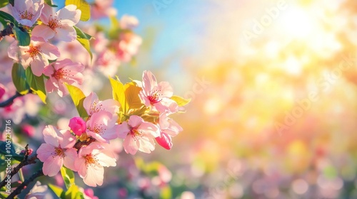 A vibrant display of pink cherry blossoms illuminated by soft sunlight.