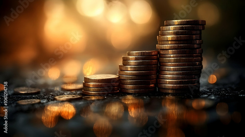 Golden Coins Stacked in a Row on a Dark Background - Illustration