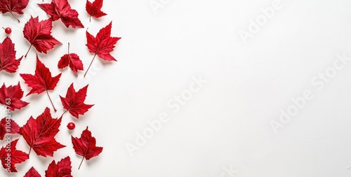 A collection of vibrant red maple leaves arranged artistically on a white background.