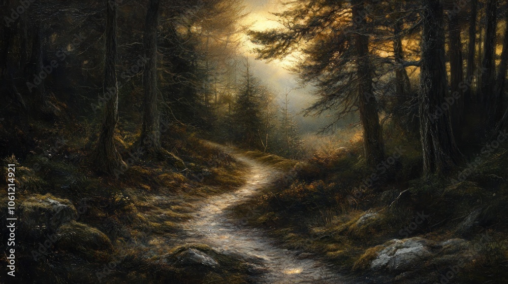 Fototapeta premium A serene forest path illuminated by soft light, inviting exploration and tranquility.
