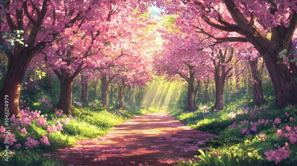 Naklejka premium A serene pathway lined with blooming cherry blossom trees, illuminated by soft sunlight.