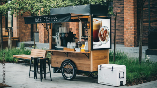 A bike coffee cart with a white cooler and a bench. The cart is parked in front of a building