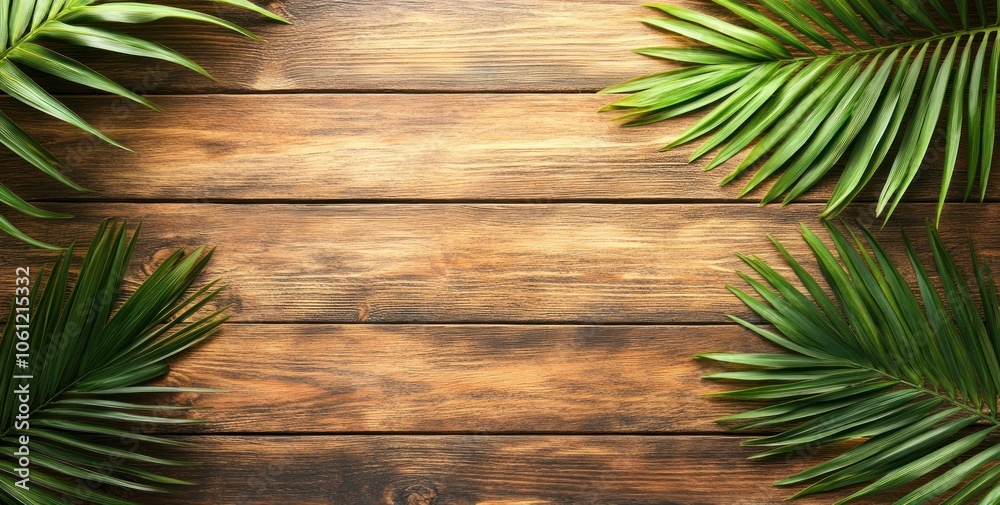 A wooden surface framed by lush green palm leaves, creating a tropical ambiance. A wooden surface framed by lush green palm leaves, creating a tropical ambiance.