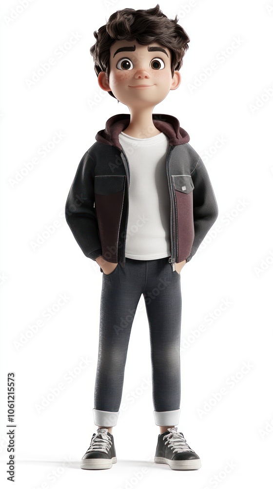 A stylized animated character stands confidently in casual attire. A stylized animated character stands confidently in casual attire.
