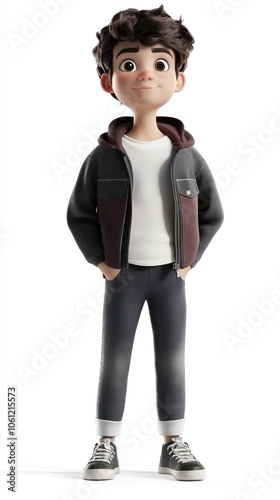 A stylized animated character stands confidently in casual attire.