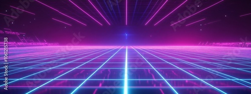 Futuristic retro landscape. Digital cyber surface with neon light grid. Cyberspace or metaverse. Technology, ai and vr concept. Virtual reality. 80s and 90s retrowave, synthwave, vaporwave style