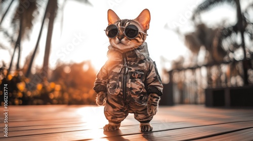 A cool cat wearing sunglasses and camouflage clothing stands on a wooden deck in the sunset.