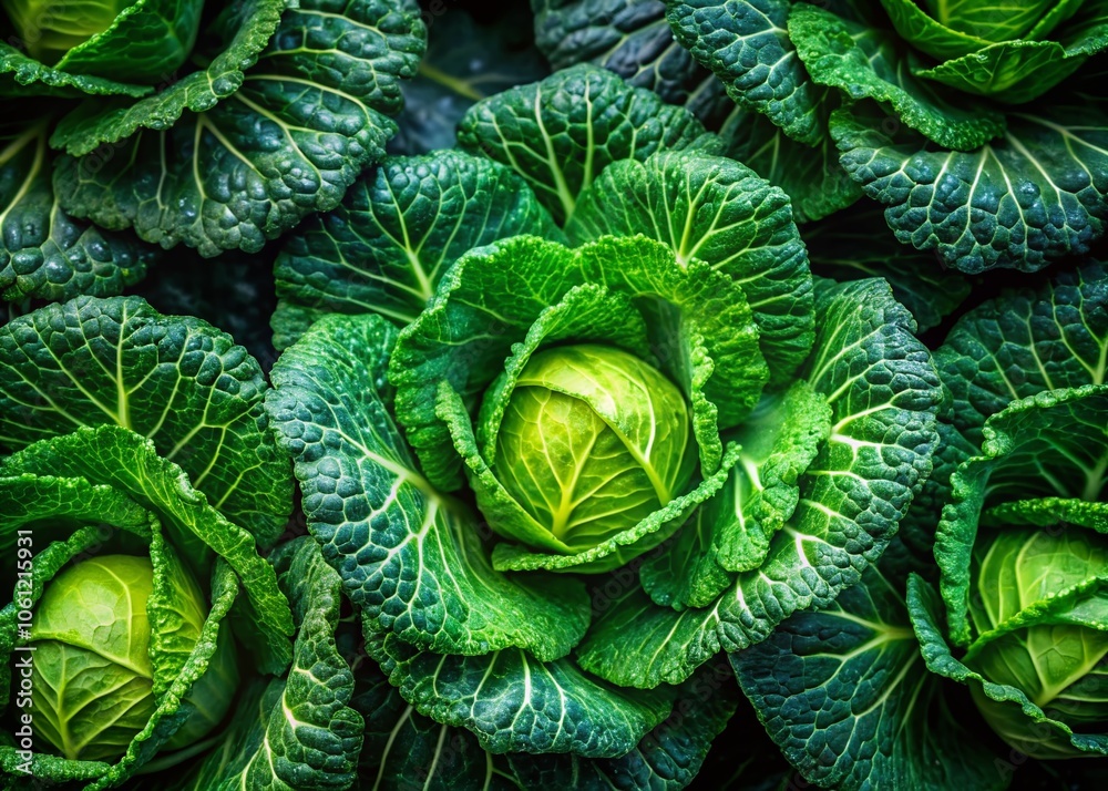Obraz premium Low Light Top View of Fresh Cabbages with Water Drops - Natural Vegetables Background for Culinary, Organic Farming, and Healthy Eating Concepts