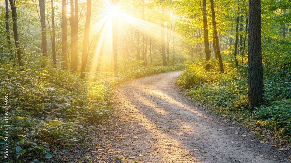 Obraz premium A sunlit forest path winding through lush greenery, inviting exploration and tranquility.