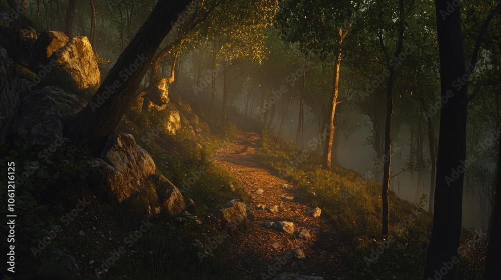 Fototapeta premium A serene forest path illuminated by soft light, creating a tranquil atmosphere.