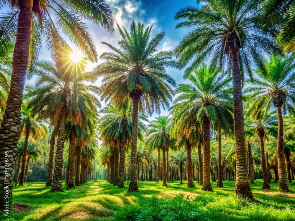 Obraz premium Lush Date Palm Forest: Tropical Paradise Wallpaper for Nature Lovers, Exotic Landscape, Serenity, and Tranquility in Vibrant Greenery, Perfect for Home and Office Decor