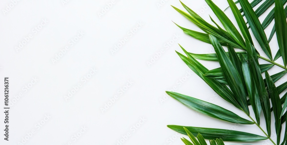 A minimalistic arrangement of green palm leaves on a white background. A minimalistic arrangement of green palm leaves on a white background.