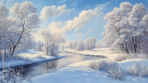 A serene winter landscape with a winding river flowing through a snow-covered forest. The sun shines brightly, casting long shadows across the scene.