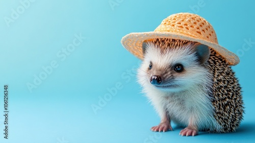 A cute hedgehog wearing a straw hat against a blue background.