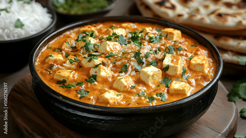 Indian Cuisine Photo: Creamy Tofu Curry with Rice and Naan Bread