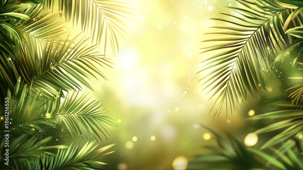 A vibrant, glowing background featuring lush green palm leaves and soft light. A vibrant, glowing background featuring lush green palm leaves and soft light.