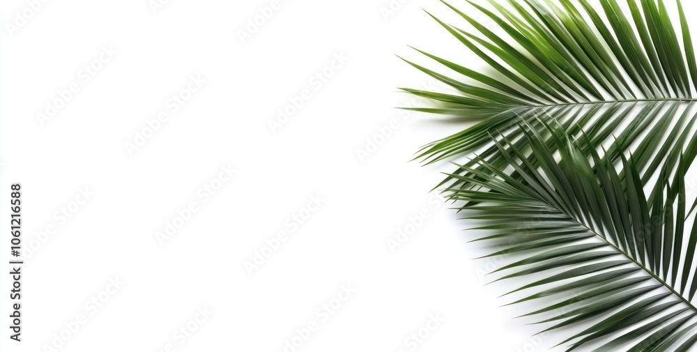 A close-up of a green palm leaf against a white background, emphasizing natural beauty. A close-up of a green palm leaf against a white background, emphasizing natural beauty.