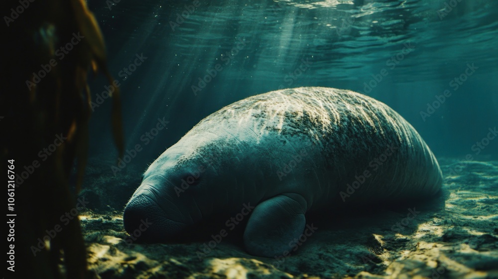 Naklejka premium A serene underwater scene featuring a manatee resting on the ocean floor.