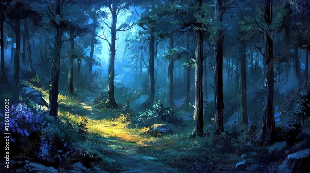 Fototapeta premium A serene forest scene with soft light filtering through trees, creating a tranquil atmosphere.