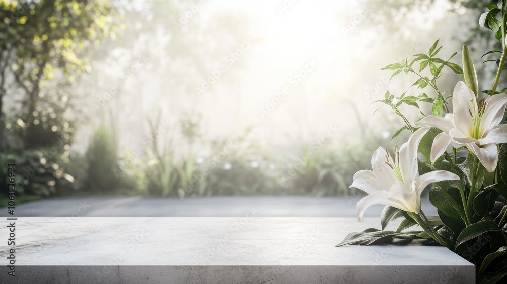 Fototapeta premium A serene outdoor scene featuring a marble surface and blooming white lilies in soft morning light.
