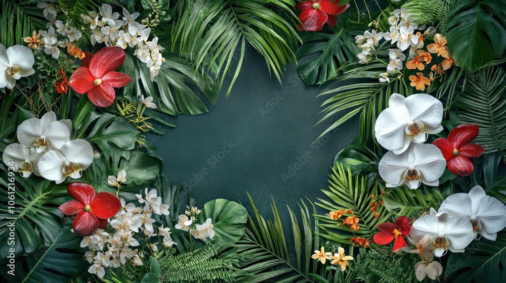 A vibrant floral arrangement with tropical plants and flowers framing a blank center. A vibrant floral arrangement with tropical plants and flowers framing a blank center.