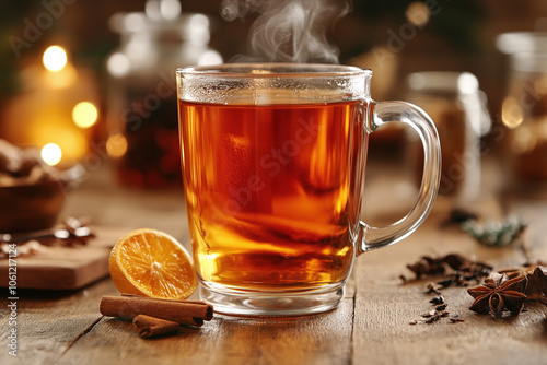 a steaming mug of hot tea on a desk.