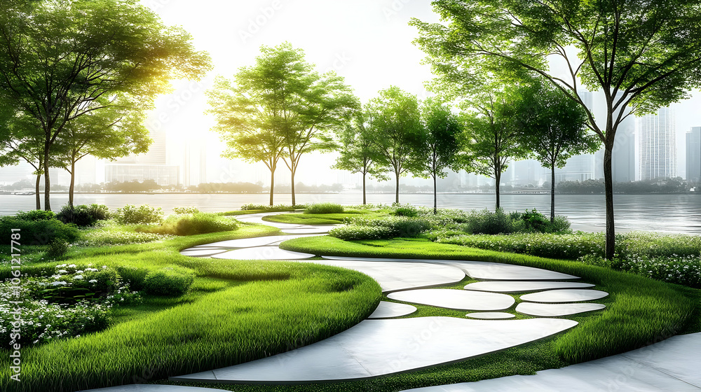 Fototapeta premium 3D Illustration of a Winding Pathway Through a Lush Park