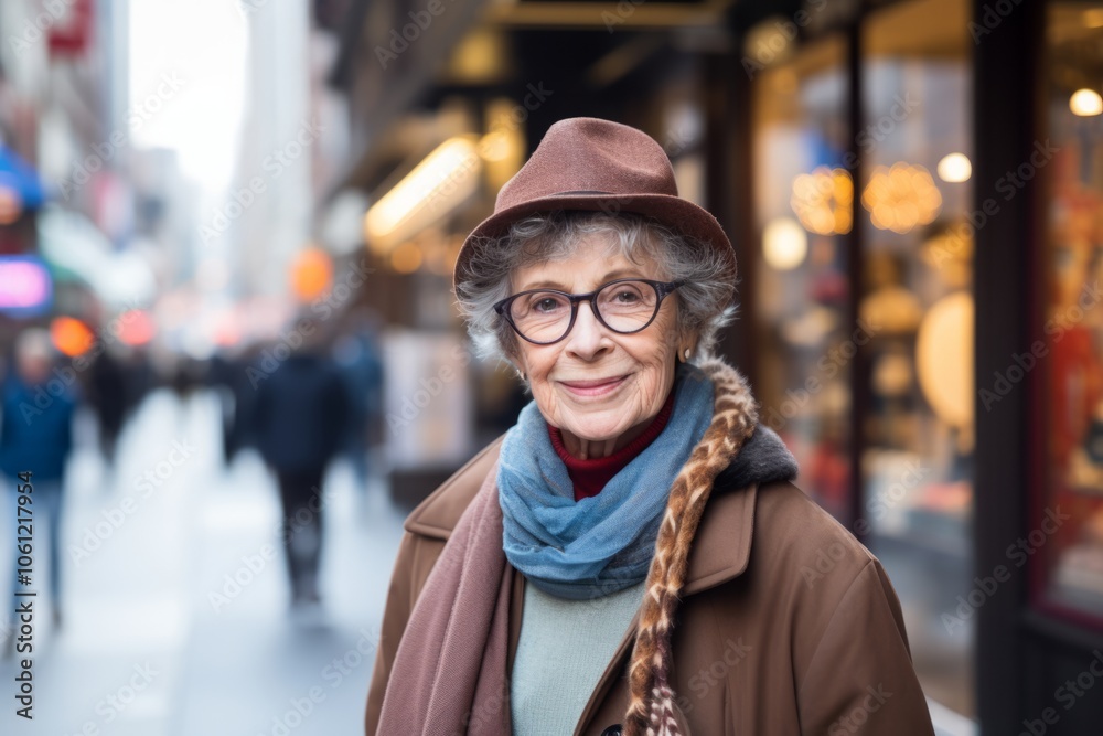 Portrait of senior woman in hat and coat walking in the city
