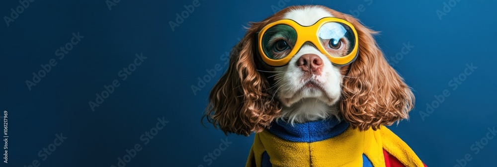 A dog wearing yellow goggles and a colorful outfit poses against a blue background. A dog wearing yellow goggles and a colorful outfit poses against a blue background.