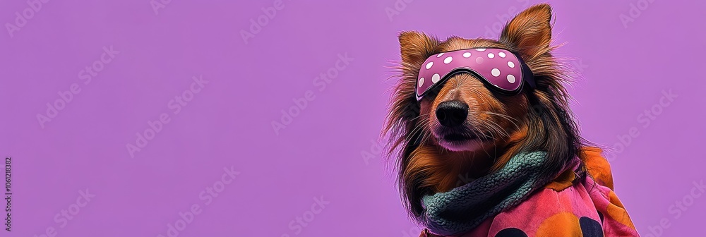 A dog wearing a sleep mask and colorful clothing against a purple background. A dog wearing a sleep mask and colorful clothing against a purple background.