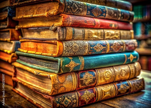 Macro Photography of a Stack of Old Books with Detailed Textures, Vintage Covers, and Dusty Pages for Book Lovers, Literature Enthusiasts, and Antique Collectors