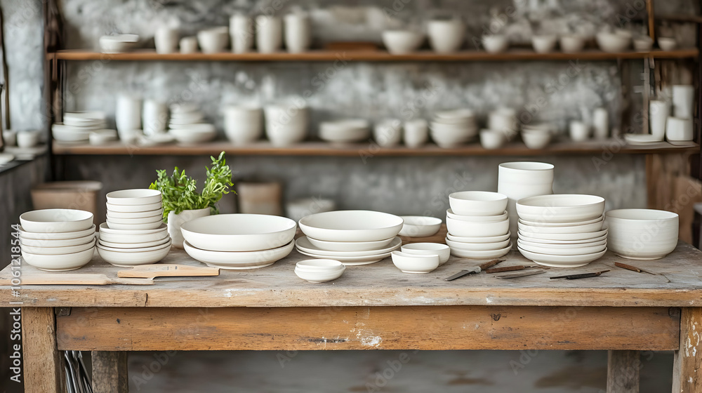 Ceramic Bowls on Wooden Table, Illustration Ceramic Bowls on Wooden Table, Illustration
