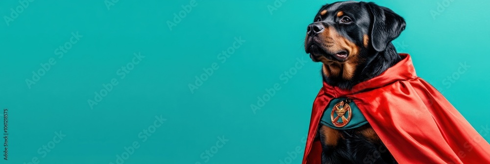 A Rottweiler dressed as a superhero with a red cape against a teal background. A Rottweiler dressed as a superhero with a red cape against a teal background.