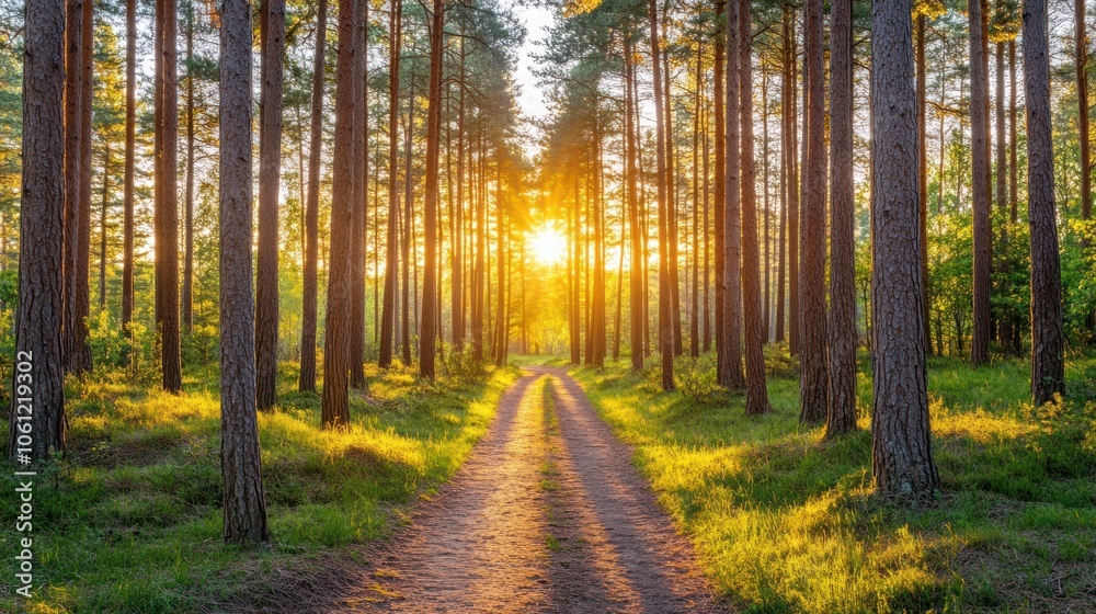 Fototapeta premium A serene forest path illuminated by sunlight, inviting exploration and tranquility.