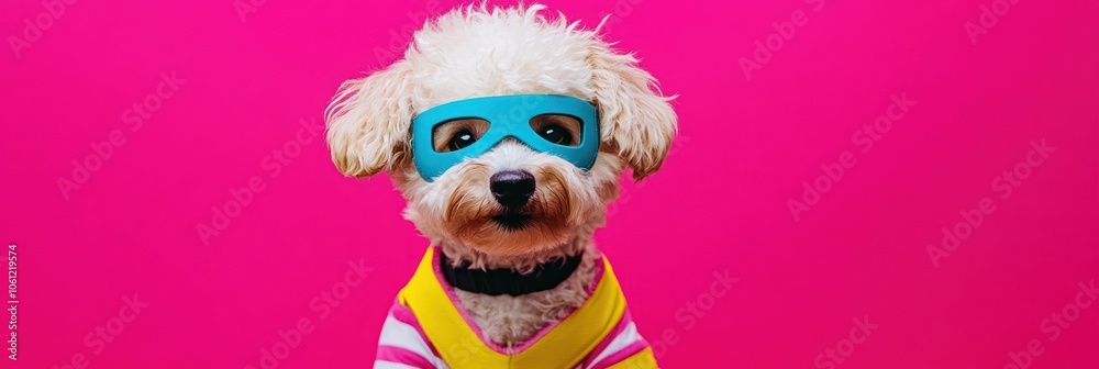 A playful dog wearing a colorful outfit and mask against a bright pink background. A playful dog wearing a colorful outfit and mask against a bright pink background.
