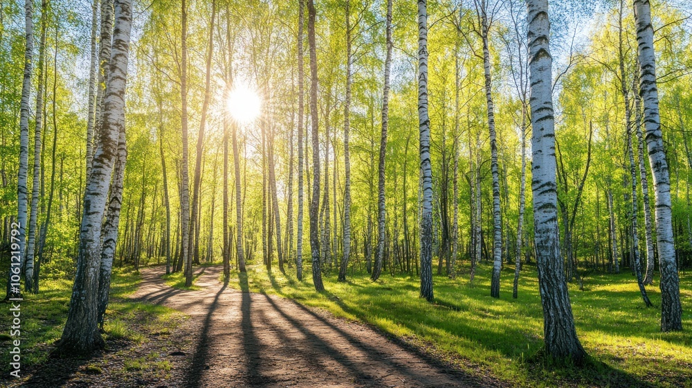 Fototapeta premium A sunlit birch forest with vibrant green leaves and a winding path.